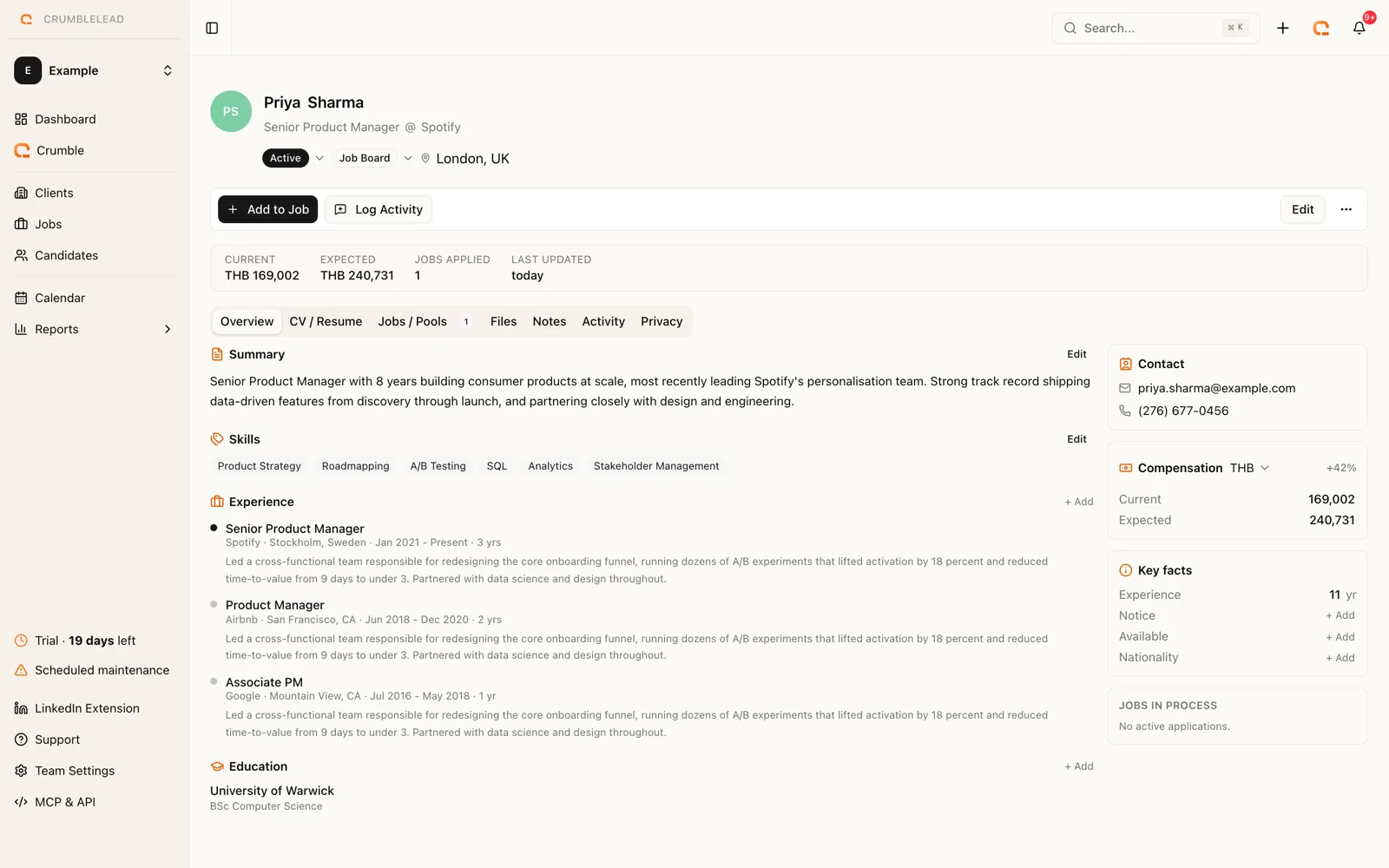 A candidate profile in Crumblelead with skills, experience and education parsed from their CV