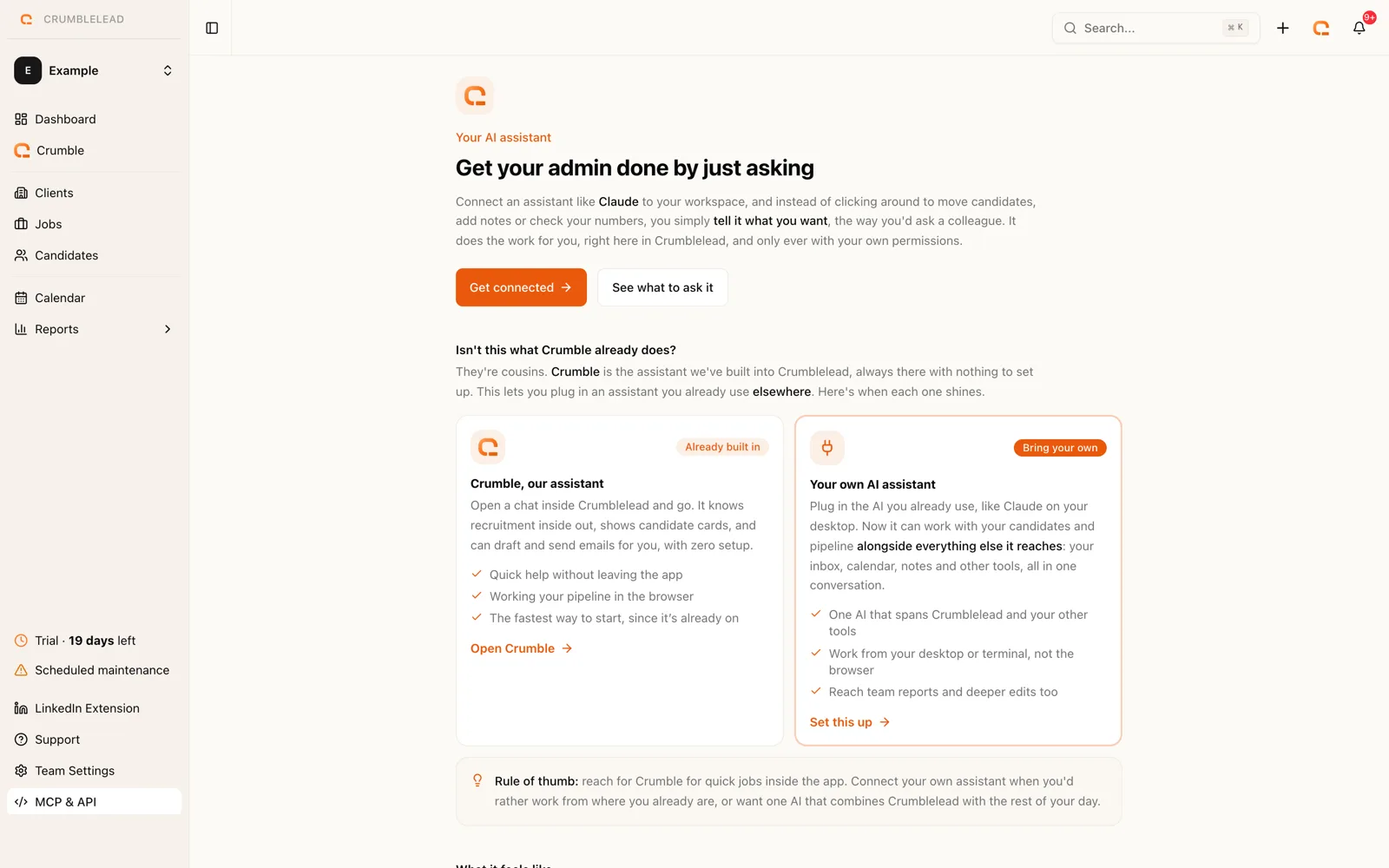 Connecting an AI assistant to Crumblelead from the MCP setup page