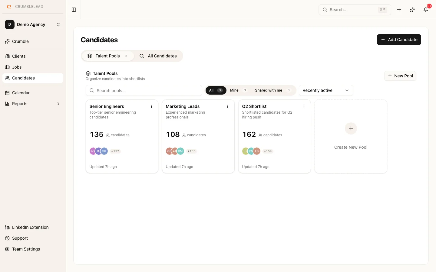The Crumblelead candidates list, showing profiles, skills and status
