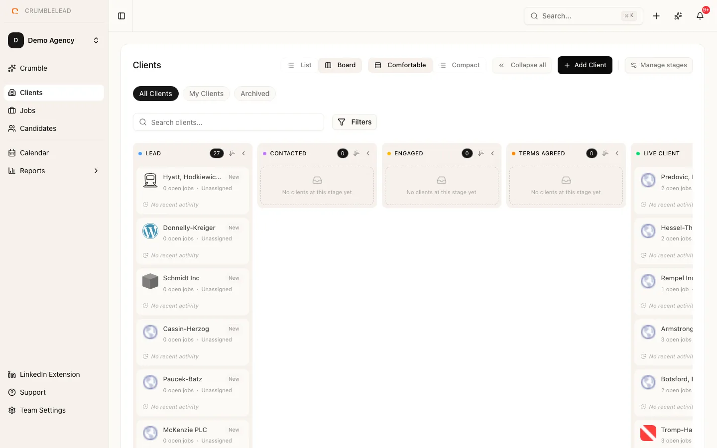 The clients area in Crumblelead, showing companies and their stages
